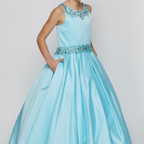 Girls Kids Children’s Tween Royal Blue Satin Pageant Dress with Pockets - Picture 6 of 6
